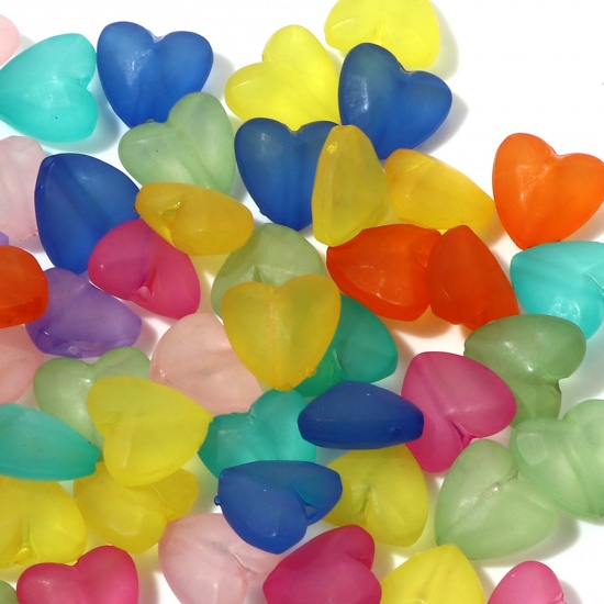 Picture of Acrylic Beads At Random Color Transparent Heart Frosted About 13mm x 12mm, Hole: Approx 2mm, 1 Packet (Approx 100 PCs/Packet)