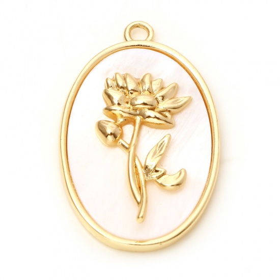 Immagine di Conchiglia + Rame Fiore del Mese di Nascita Charms Ovale Oro riempito Bianco Garofano 27mm x 18mm, 1 Pz