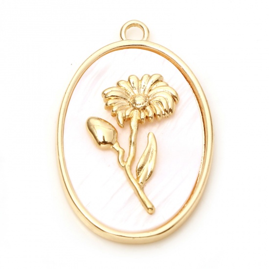 Immagine di Conchiglia + Rame Fiore del Mese di Nascita Charms Ovale Oro riempito Bianco Fiore Margherita 27mm x 18mm, 1 Pz