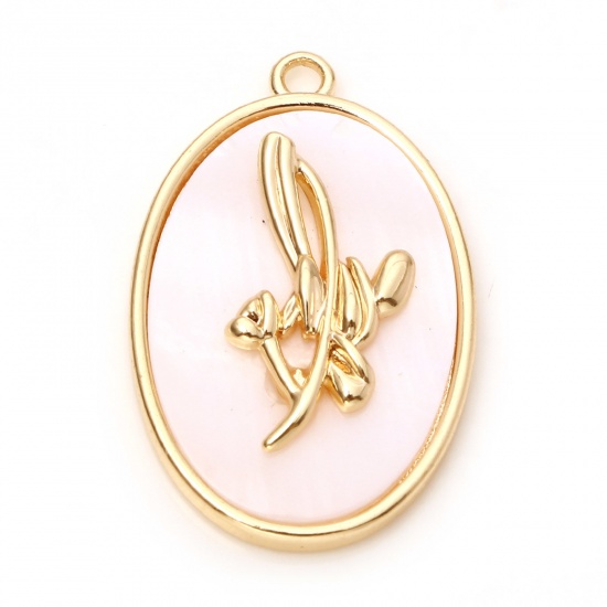 Immagine di Conchiglia + Rame Fiore del Mese di Nascita Charms Ovale Oro riempito Bianco Fiore Di Loto 27mm x 18mm, 1 Pz