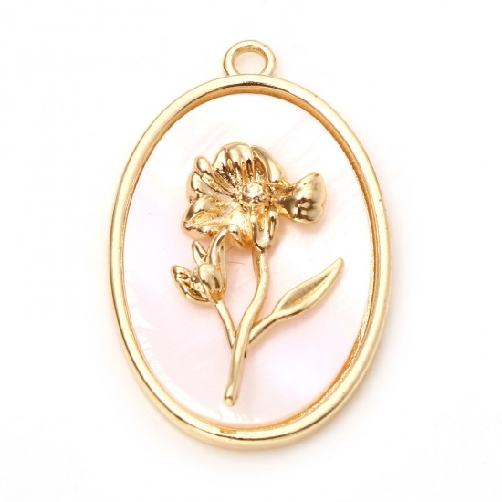 Immagine di Conchiglia + Rame Fiore del Mese di Nascita Charms Ovale Oro riempito Bianco Calendula 27mm x 18mm, 1 Pz