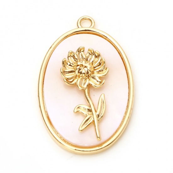 Immagine di Conchiglia + Rame Fiore del Mese di Nascita Charms Ovale Oro riempito Bianco Camelia 27mm x 18mm, 1 Pz