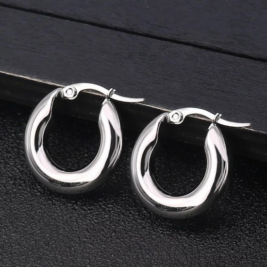 Immagine di 304 Acciaio Inossidabile Elegante orecchino cerchio Tono Argento Tondo 25mm Dia., 1 Paio