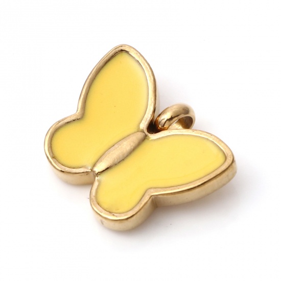 Bild von 304 Edelstahl Charms Schmetterling Vergoldet Gelb Emaille 16mm x 13mm, 1 Stück