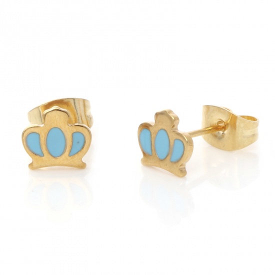 Picture of 316 Stainless Steel Stylish Ear Post Stud Earrings Gold Plated Blue Crown Enamel 6.4mm x 7mm, Post/ Wire Size: (21 gauge), 1 Pair