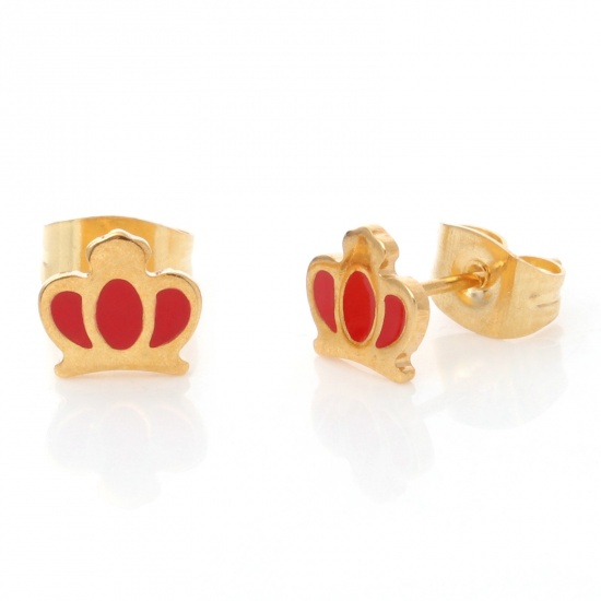 Picture of 316 Stainless Steel Stylish Ear Post Stud Earrings Gold Plated Red Crown Enamel 6.4mm x 7mm, Post/ Wire Size: (21 gauge), 1 Pair
