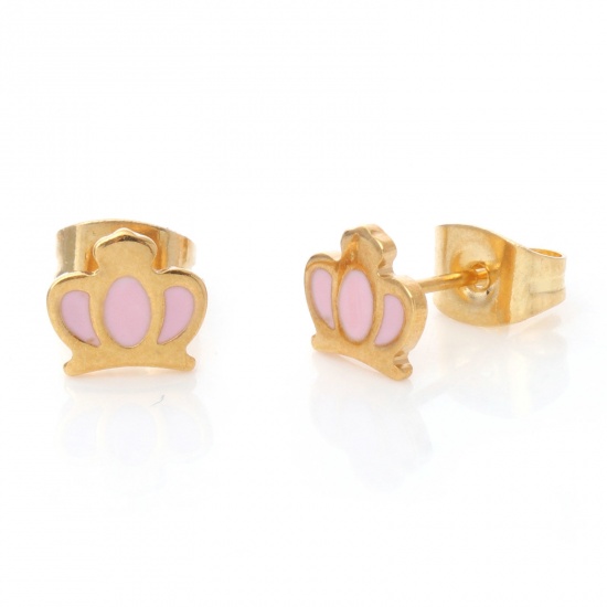 Picture of 316 Stainless Steel Stylish Ear Post Stud Earrings Gold Plated Light Pink Crown Enamel 6.4mm x 7mm, Post/ Wire Size: (21 gauge), 1 Pair
