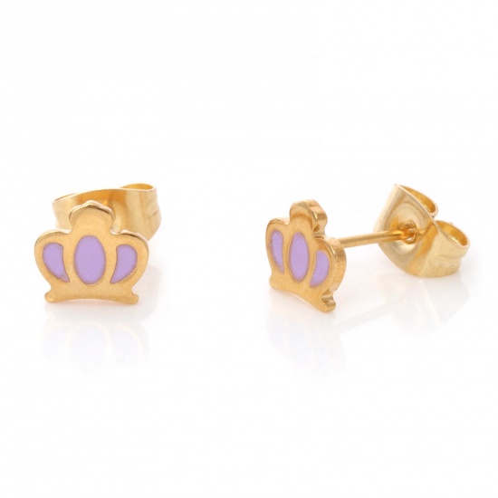 Picture of 316 Stainless Steel Stylish Ear Post Stud Earrings Gold Plated Purple Crown Enamel 6.4mm x 7mm, Post/ Wire Size: (21 gauge), 1 Pair