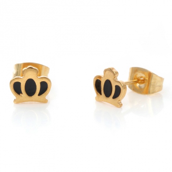 Picture of 316 Stainless Steel Stylish Ear Post Stud Earrings Gold Plated Black Crown Enamel 6.4mm x 7mm, Post/ Wire Size: (21 gauge), 1 Pair