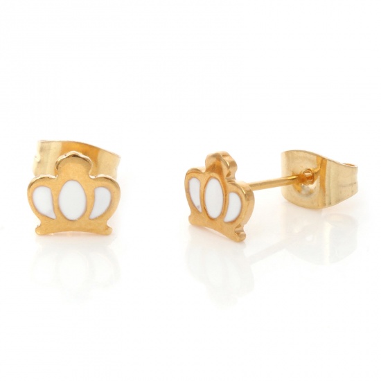 Picture of 316 Stainless Steel Stylish Ear Post Stud Earrings Gold Plated White Crown Enamel 6.4mm x 7mm, Post/ Wire Size: (21 gauge), 1 Pair