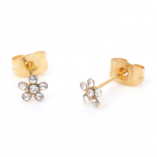 Immagine di 316 Acciaio inossidabile Elegante Orecchini a Perno Oro Placcato Fiore Trasparente Strass 5mm Dia., Posta / Filo Dimensione: (21 misura), 1 Paio