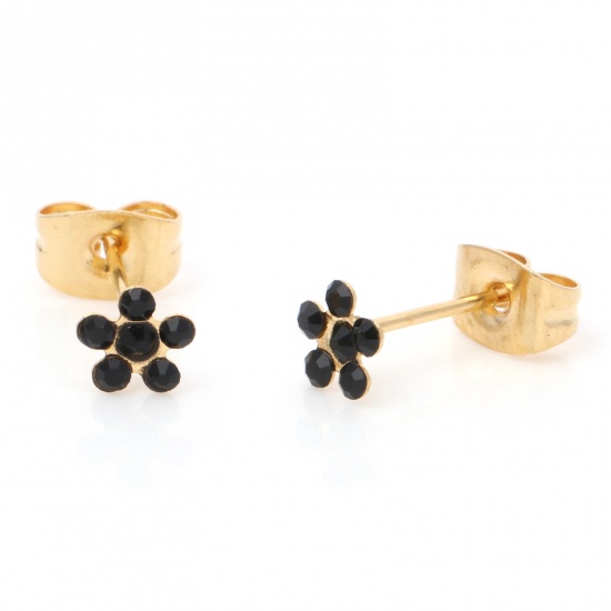 Immagine di 316 Acciaio inossidabile Elegante Orecchini a Perno Oro Placcato Fiore Nero Strass 5mm Dia., Posta / Filo Dimensione: (21 misura), 1 Paio