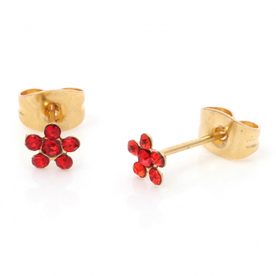 Immagine di 316 Acciaio inossidabile Elegante Orecchini a Perno Oro Placcato Fiore Rosso Strass 5mm Dia., Posta / Filo Dimensione: (21 misura), 1 Paio
