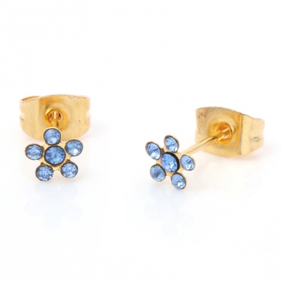 Immagine di 316 Acciaio inossidabile Elegante Orecchini a Perno Oro Placcato Fiore Zaffiro Chiaro Strass 5mm Dia., Posta / Filo Dimensione: (21 misura), 1 Paio