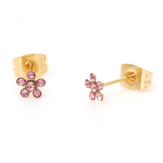 Immagine di 316 Acciaio inossidabile Elegante Orecchini a Perno Oro Placcato Fiore Rosa Chiaro Strass 5mm Dia., Posta / Filo Dimensione: (21 misura), 1 Paio