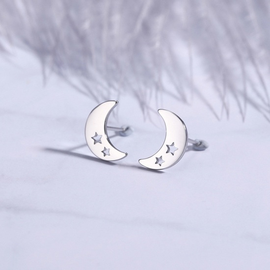 Immagine di 304 Acciaio Inossidabile Galassia Orecchini a Perno Tono Argento Luna Stella Filigrana 10mm x 7mm, Posta / Filo Dimensione: (20 misura), 1 Paio