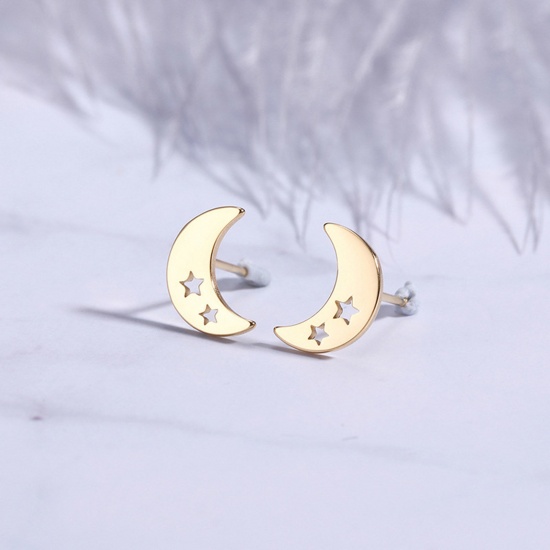 Immagine di 304 Acciaio Inossidabile Galassia Orecchini a Perno Oro Placcato Luna Stella Filigrana 10mm x 7mm, Posta / Filo Dimensione: (20 misura), 1 Paio
