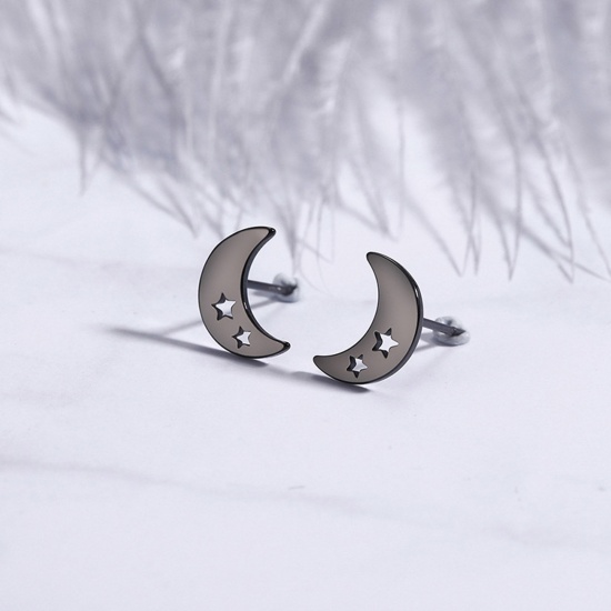 Immagine di 304 Acciaio Inossidabile Galassia Orecchini a Perno Nero Luna Stella Filigrana 10mm x 7mm, Posta / Filo Dimensione: (20 misura), 1 Paio