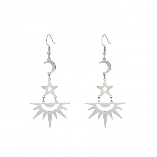 Immagine di 304 Acciaio Inossidabile Galassia Orecchini Gancio Tono Argento Stella Sole & Luna 6.2cm, Posta / Filo Dimensione: (20 misura), 1 Paio