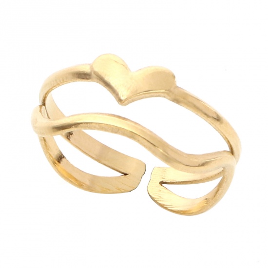 Bild von 304 Edelstahl Stilvoll Offen Verstellbar Ring Vergoldet Welle Herz Hohl 16.5mm（US Größe:6), 1 Stück