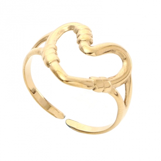 Bild von 304 Edelstahl Stilvoll Offen Verstellbar Ring Vergoldet Herz Hohl 16.5mm（US Größe:6), 1 Stück