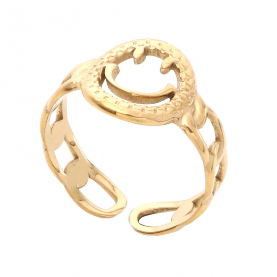 Bild von 304 Edelstahl Stilvoll Offen Verstellbar Ring Vergoldet Lächeln Hohl 16.5mm（US Größe:6), 1 Stück