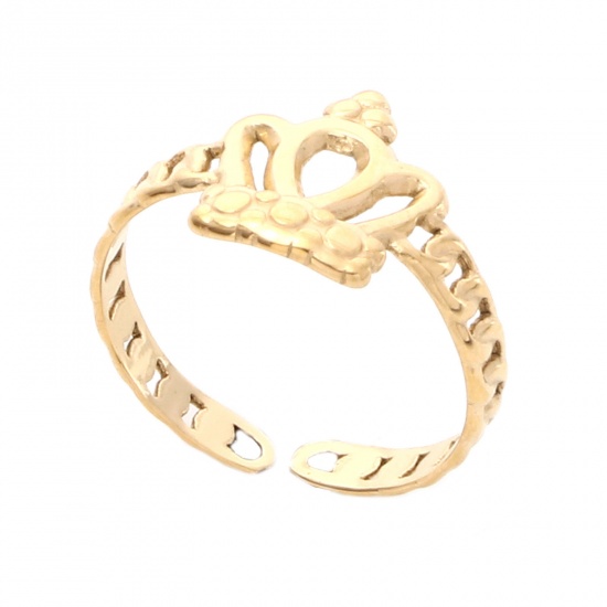 Bild von 304 Edelstahl Stilvoll Offen Verstellbar Ring Vergoldet Kaiserkrone Hohl 16.5mm（US Größe:6), 1 Stück