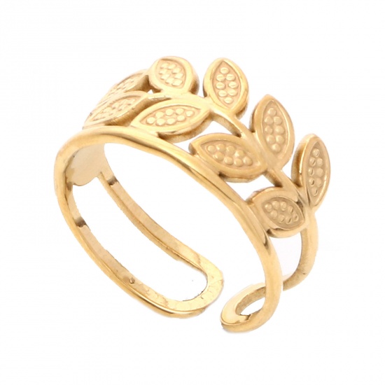 Bild von 304 Edelstahl Stilvoll Offen Verstellbar Ring Vergoldet Olivenzweig Hohl 16.5mm（US Größe:6), 1 Stück