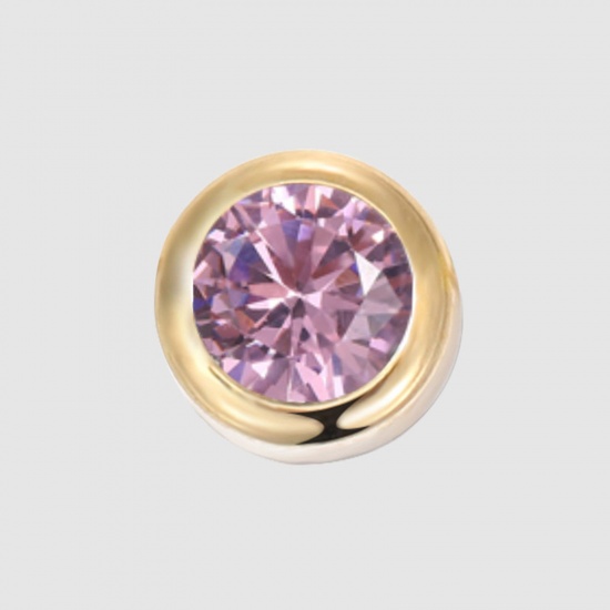 Bild von 316 Edelstahl Monatsstein Perlen Rund 14K Gold plattiert Oktober Rosa Strass 6mm D., Loch: ca. 1.3mm, 1 Stück