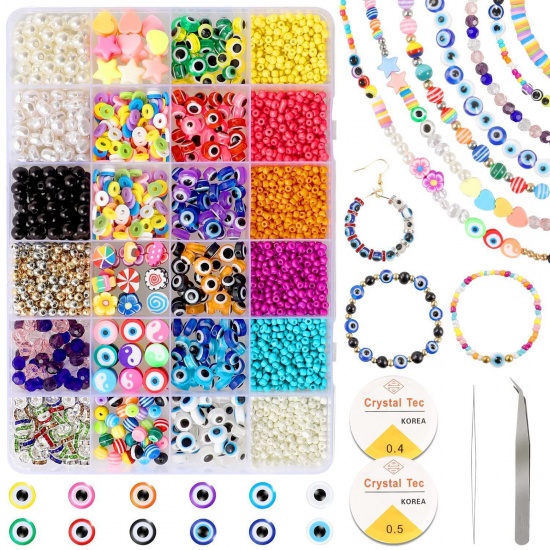 Image de DIY Kits de Perles pour Fabrication de Bijoux Bracelet Collier Accessoires Faits à la Main en Pâte Polymère Multicolore Œil Mauvais 19cm x 13.5cm, 1 Kit