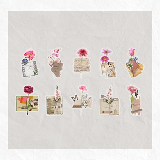 Immagine di PET DIY Scrapbook Deco Stickers Pink Flower Leaves 12.2cm x 8.5cm, 1 Packet ( 30 PCs/Packet)