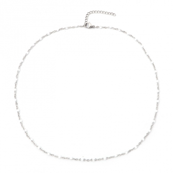Bild von 304 Edelstahl Gliederkette Kette Halskette Silberfarbe Weiß Emaille 45cm lang, 1 Strang