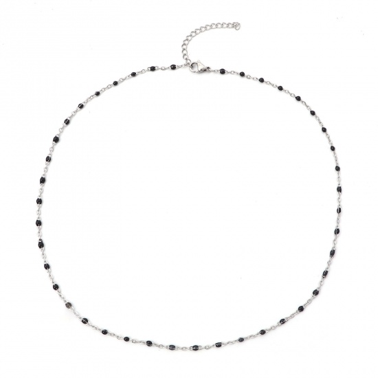 Bild von 304 Edelstahl Gliederkette Kette Halskette Silberfarbe Schwarz Emaille 45cm lang, 1 Strang