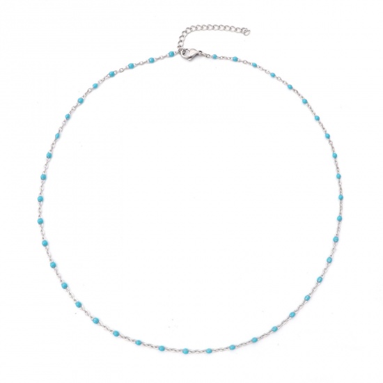 Bild von 304 Edelstahl Gliederkette Kette Halskette Silberfarbe Blau Emaille 45cm lang, 1 Strang