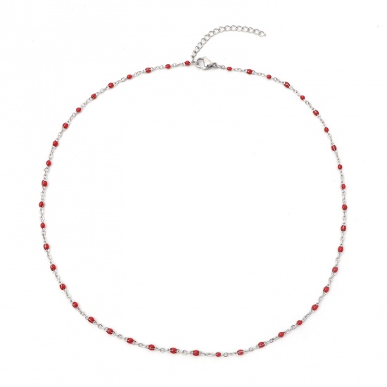 Bild von 304 Edelstahl Gliederkette Kette Halskette Silberfarbe Rot Emaille 45cm lang, 1 Strang
