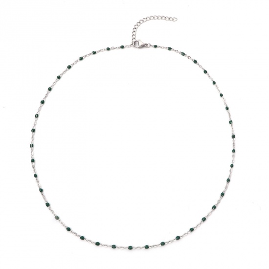 Bild von 304 Edelstahl Gliederkette Kette Halskette Silberfarbe Dunkelgrün Emaille 45cm lang, 1 Strang