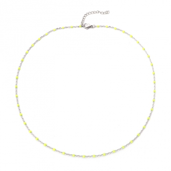 Bild von 304 Edelstahl Gliederkette Kette Halskette Silberfarbe Fluoreszierend Gelb Emaille 45cm lang, 1 Strang