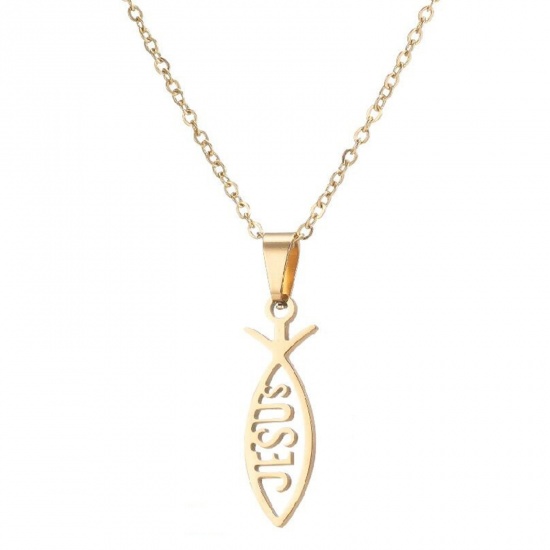 Immagine di 201 Acciaio Inossidabile Elegante Cavo Catena Collana Oro Placcato Gesu Cristo Ichthus Pesce Simbolo 45cm Lunghezza, 1 Pz
