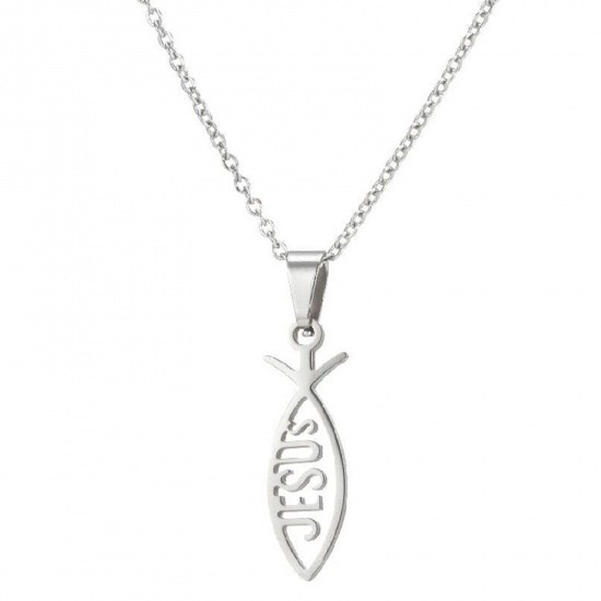 Immagine di 201 Acciaio Inossidabile Elegante Cavo Catena Collana Tono Argento Gesu Cristo Ichthus Pesce Simbolo 45cm Lunghezza, 1 Pz