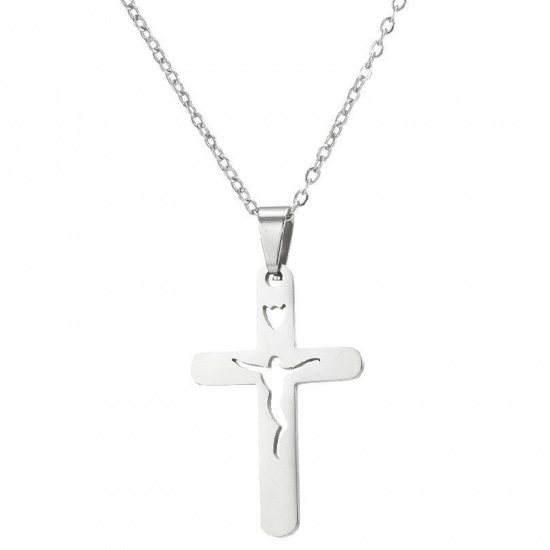 Immagine di 201 Acciaio Inossidabile Elegante Cavo Catena Collana Tono Argento Croce 45cm Lunghezza, 1 Pz