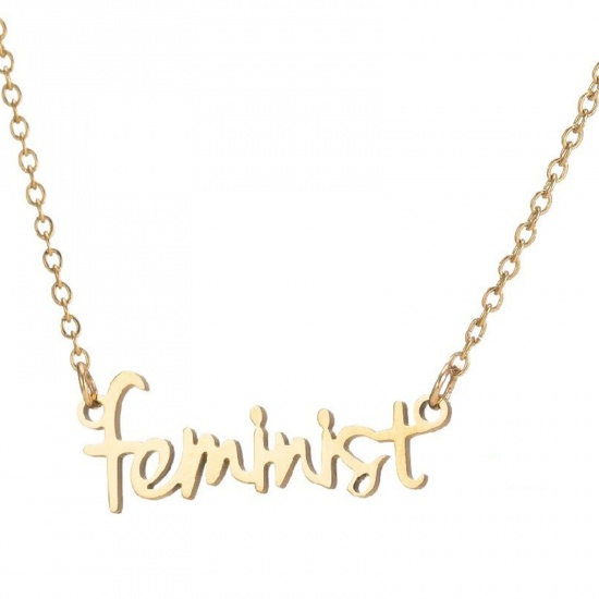 Bild von 201 Edelstahl Stilvoll Gliederkette Kette Halskette Vergoldet Message " Feminist " 45cm lang, 1 Strang