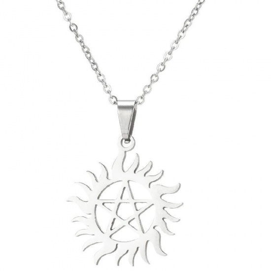 Bild von 201 Edelstahl Stilvoll Gliederkette Kette Halskette Silberfarbe Sonne Pentagramm 45cm lang, 1 Strang