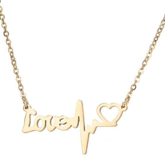 Immagine di 201 Acciaio Inossidabile Elegante Cavo Catena Collana Oro Placcato Elettrocardiogramma Messaggio " LOVE " 45cm Lunghezza, 1 Pz