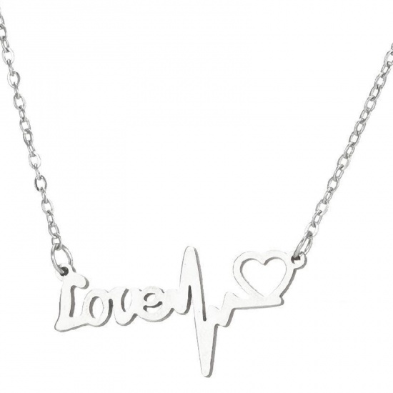 Bild von 201 Edelstahl Stilvoll Gliederkette Kette Halskette Silberfarbe Herzschlag / Elektrokardiogramm Message " LOVE " 45cm lang, 1 Strang