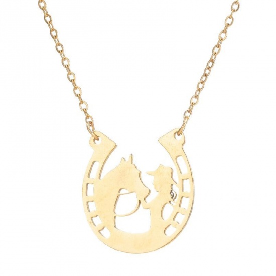 Immagine di 201 Acciaio Inossidabile Elegante Cavo Catena Collana Oro Placcato Ferro di Cavallo Cowgirl 45cm Lunghezza, 1 Pz