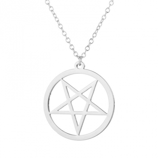 Immagine di 201 Acciaio Inossidabile Elegante Cavo Catena Collana Tono Argento Stella a Cinque Punte 45cm Lunghezza, 1 Pz