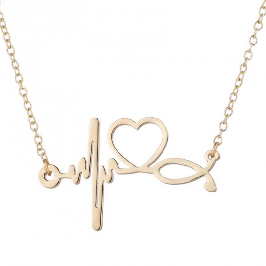 Immagine di 201 Acciaio Inossidabile Elegante Cavo Catena Collana Oro Placcato IL Battito Cardiaco /Dell 'elettrocardiogramma 45cm Lunghezza, 1 Pz
