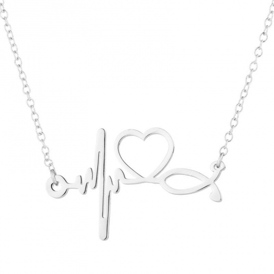 Immagine di 201 Acciaio Inossidabile Elegante Cavo Catena Collana Tono Argento IL Battito Cardiaco /Dell 'elettrocardiogramma 45cm Lunghezza, 1 Pz