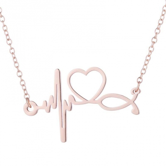 Immagine di 201 Acciaio Inossidabile Elegante Cavo Catena Collana Oro Rosa IL Battito Cardiaco /Dell 'elettrocardiogramma 45cm Lunghezza, 1 Pz