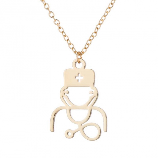 Immagine di 201 Acciaio Inossidabile Elegante Cavo Catena Collana Oro Placcato Stetoscopio 45cm Lunghezza, 1 Pz